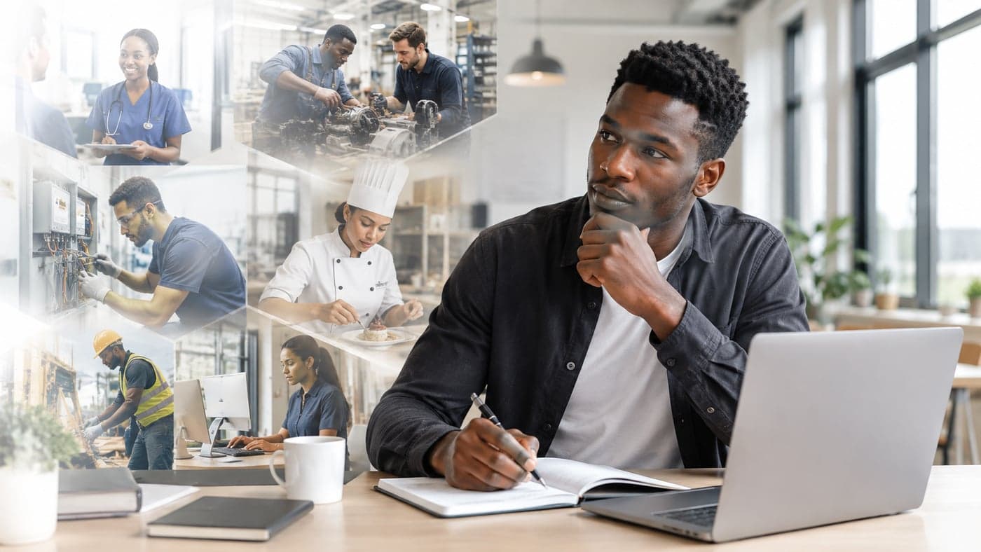 Un candidat réfléchit à son parcours devant différents métiers d'Ausbildung en Allemagne