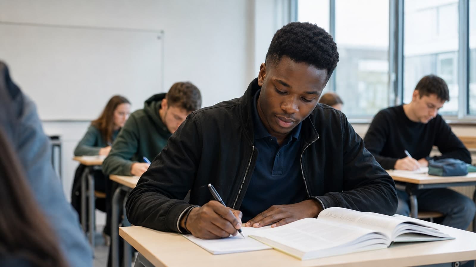 Un étudiant en pleine composition dans une salle de classe, formation Ausbildung en Allemagne