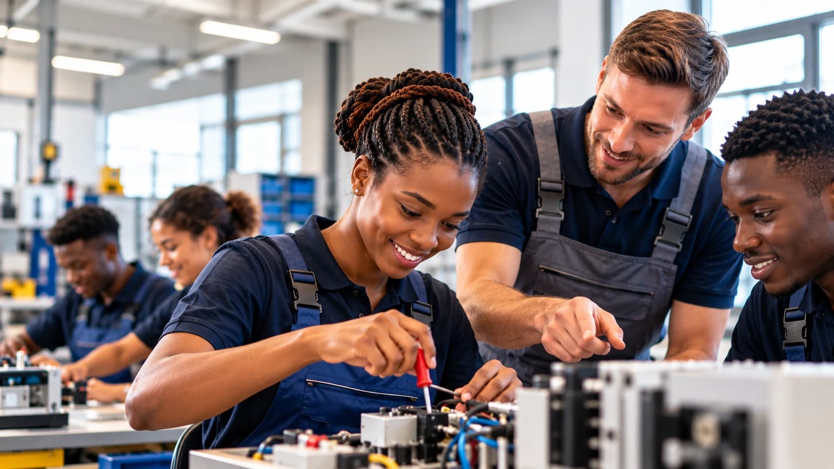 Junge Auszubildende in der technischen Ausbildung mit ihrem Ausbilder in der Werkstatt