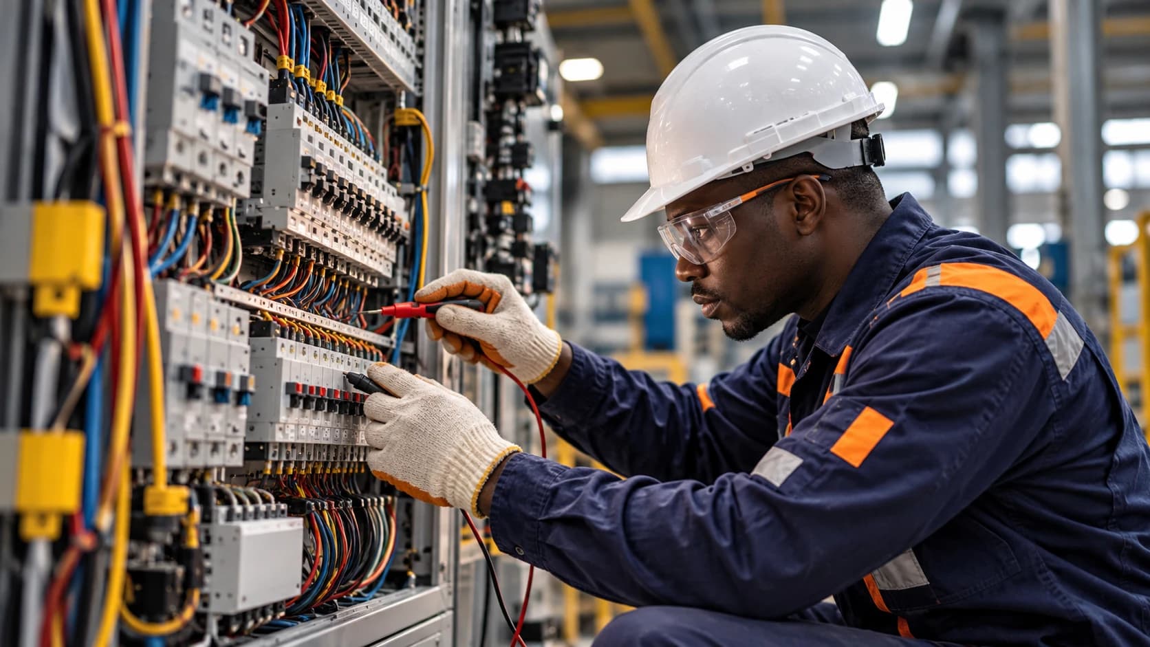 Industrial electrician checking an electrical cabinet
