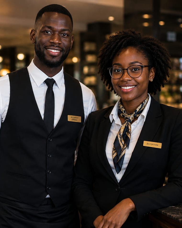 Un serveur et une réceptionniste dans un établissement hôtelier
