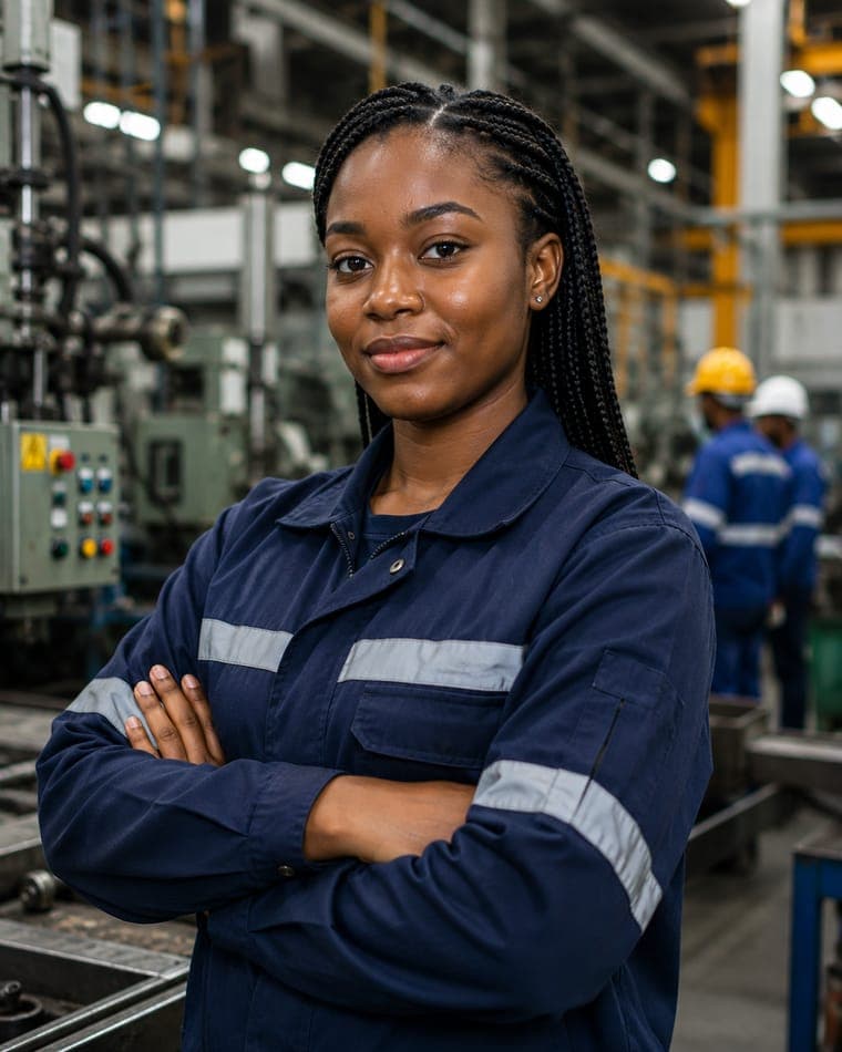 Une opératrice en atelier industriel, bras croisés devant les machines