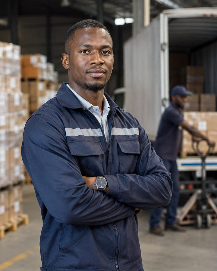Un agent logistique devant un camion en chargement dans un entrepôt