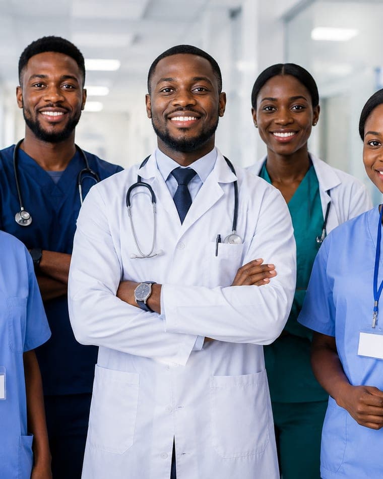 Une équipe soignante africaine souriante dans un couloir d'hôpital en Allemagne