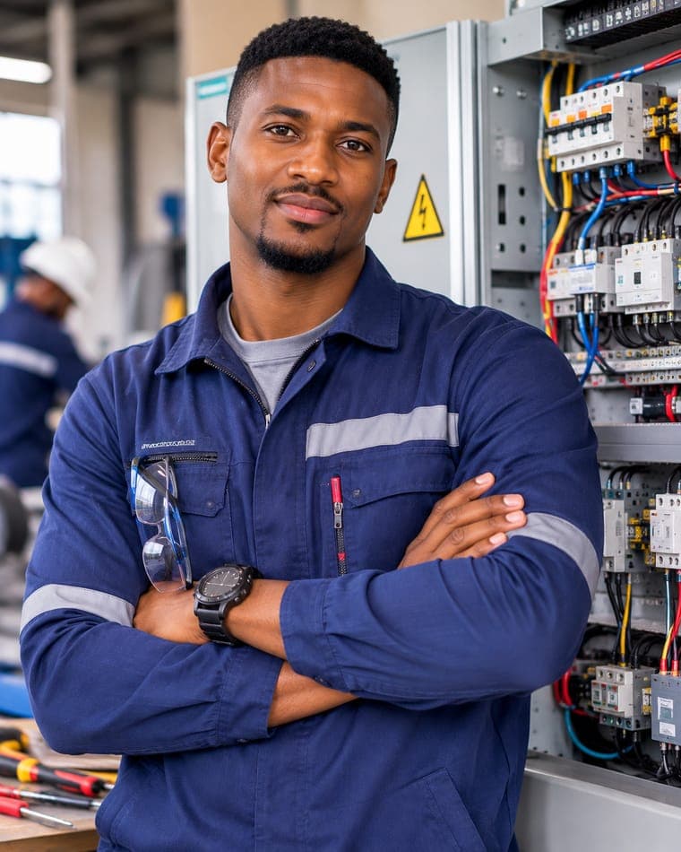 Un technicien devant une armoire électrique industrielle