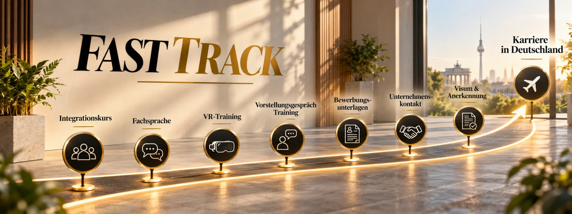Le parcours Fast Track : Integrationskurs, Fachsprache, VR-Training, Vorstellungsgespräch-Training, Bewerbungsunterlagen, Unternehmenskontakt, Visum & Anerkennung, puis carrière en Allemagne